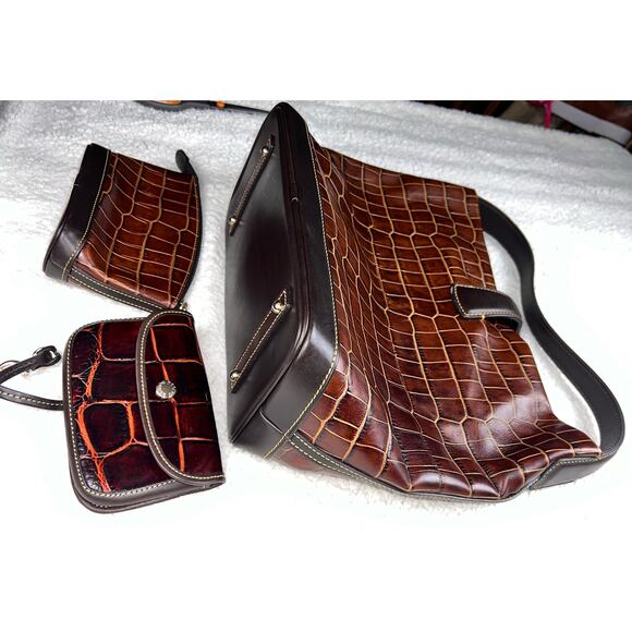 Dooney & Bourke Duck Logo Brown Embossed Crocodile Leather Purse Toe Handbag - Picture 6 of 12